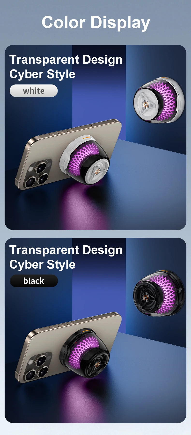 Portable mini magnetic Bluetooth speakers in black and white, featuring a transparent, cyber-style design with purple LED.