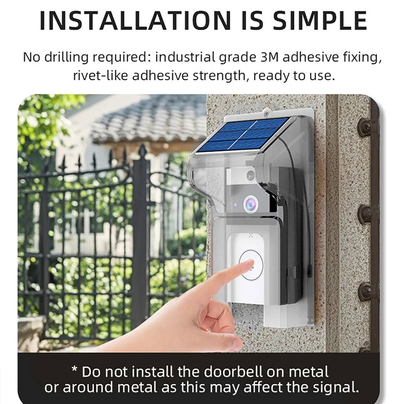 A white wireless solar-powered video doorbell with a protective rain cover, being pressed by a finger.