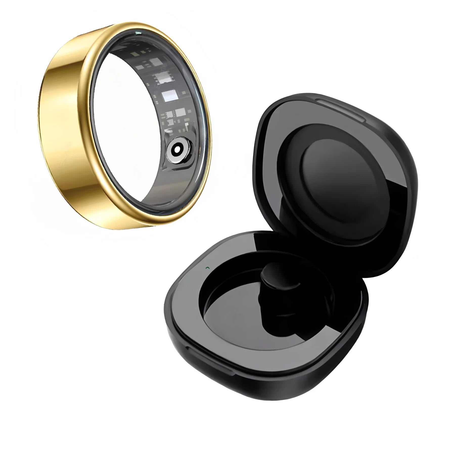 Gold-tone smart health ring with internal sensors, shown next to an open black charging case.