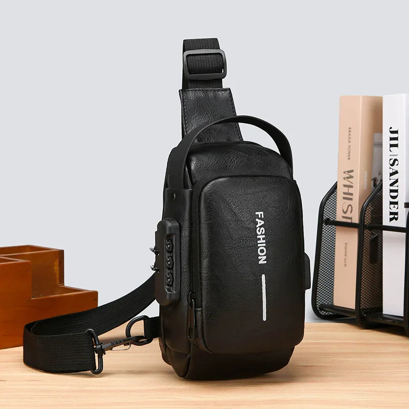 Black leather-look anti-theft crossbody sling bag with a combination lock, adjustable strap and external USB port.