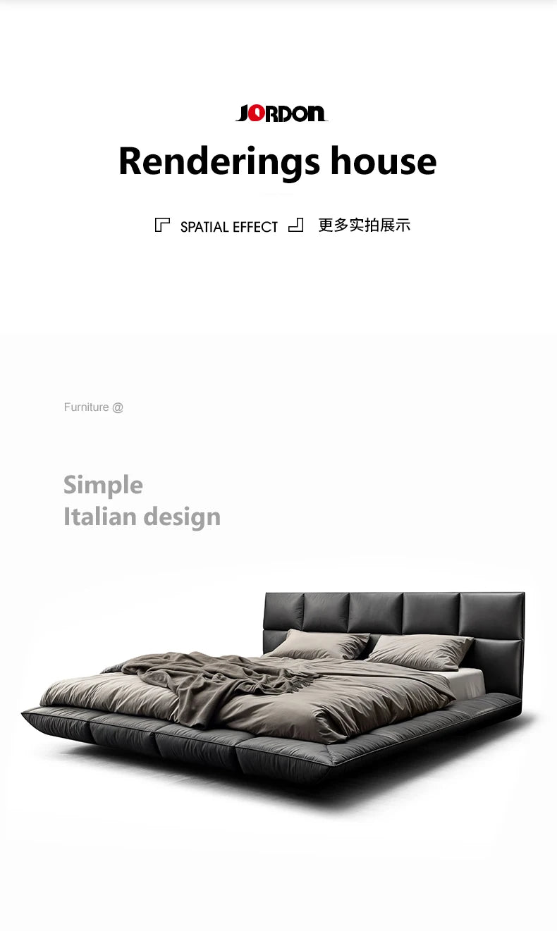 Modern charcoal leather king-size floating bed with a sleek, low-profile frame and paneled headboard.
