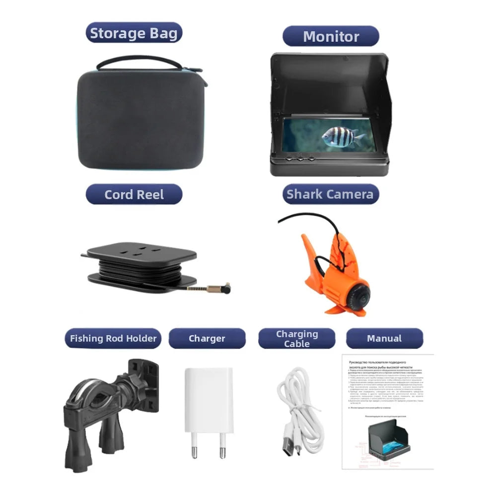 Underwater fishing camera kit including a 4.3-inch monitor, orange fish-shaped camera, storage case, and accessories.