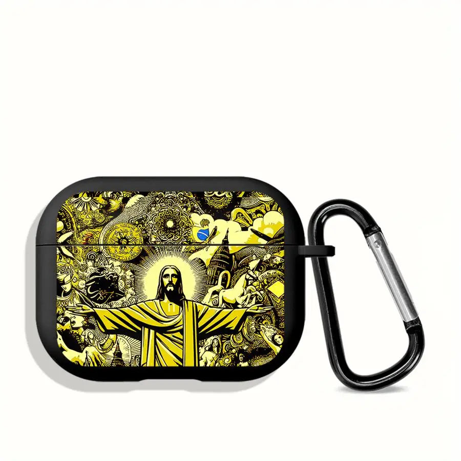 Black protective AirPods Pro case with a yellow artistic Jesus print, featuring a side carabiner clip.