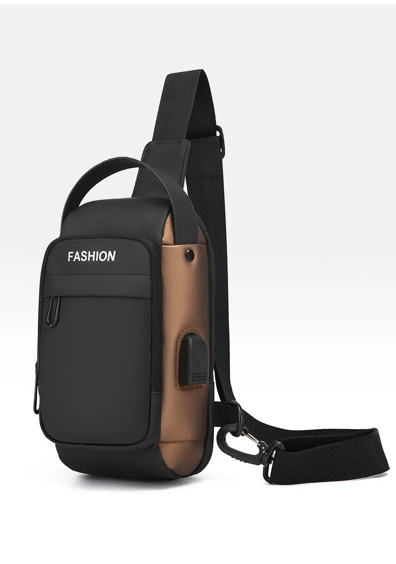 Black and bronze men's crossbody sling bag with an integrated USB charging port and adjustable shoulder strap.
