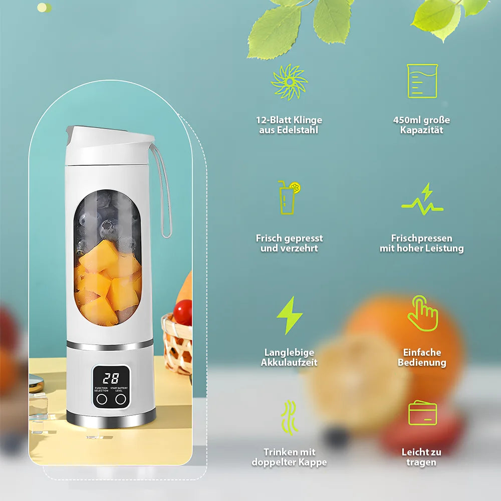 White portable electric blender with digital display, containing fruit, on a yellow surface with feature icons.