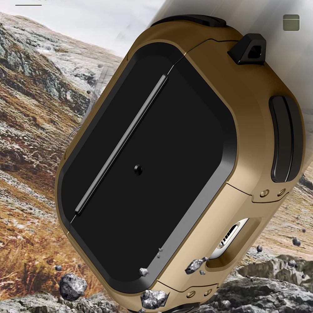Rugged tan and black protective AirPods Pro case with carabiner loop, set against a rocky mountain backdrop.
