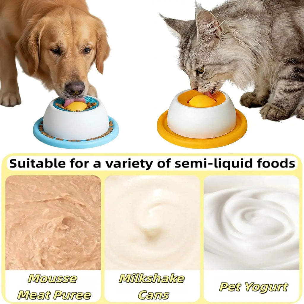 Dog and cat licking semi-liquid treats from blue and yellow lick bowls with central food-dispensing spheres.