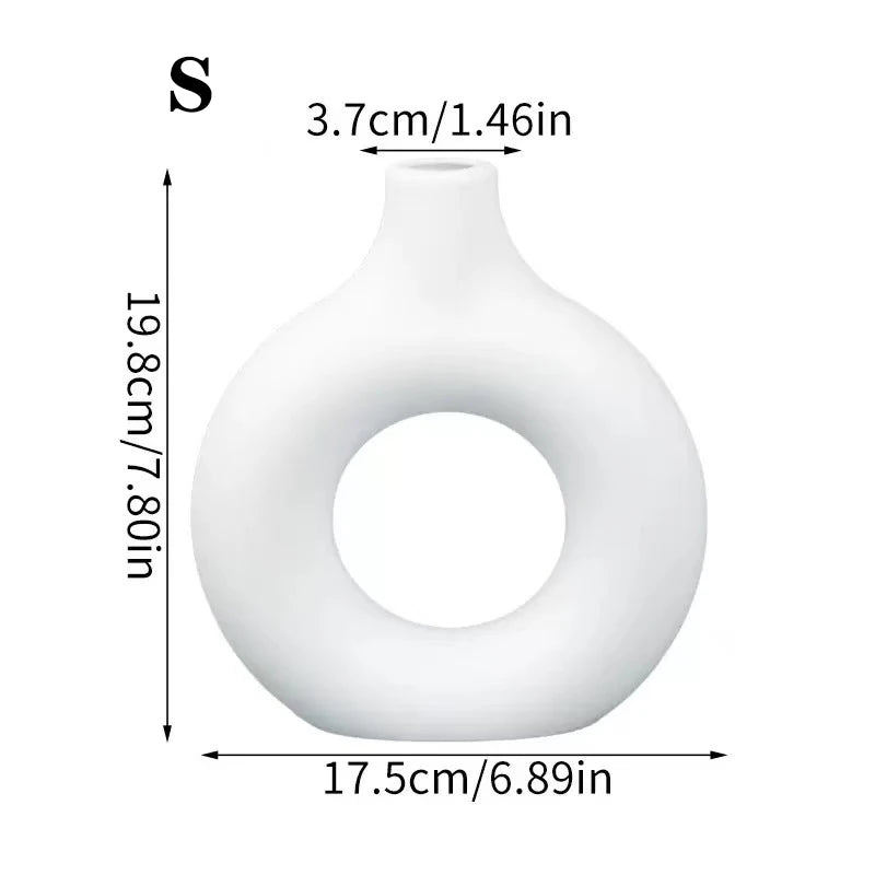 Small white Nordic-style circular plastic decorative vase with dimensions shown.