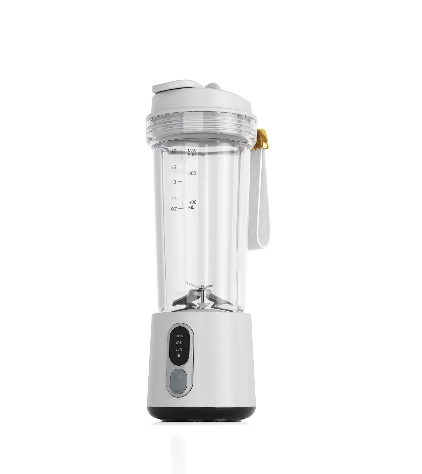 Portable white blender with a clear cup, measurement markings, a digital battery display, and a gold hanging strap.