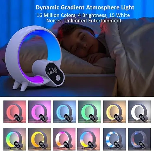 White circular LED wake-up light with digital clock display, shown glowing in various colours on a bedside table.