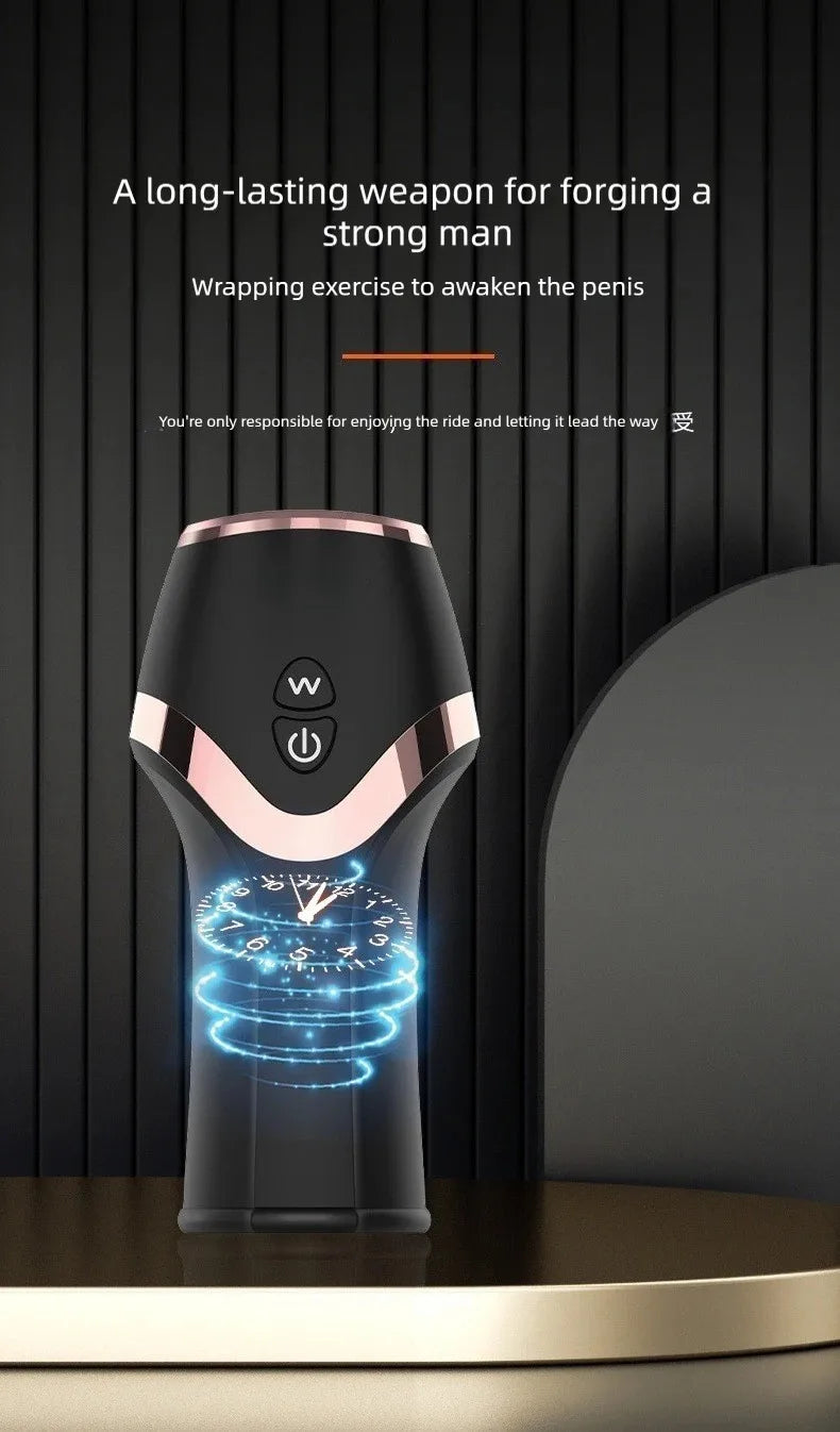 Sleek, black automatic masturbation cup with rose-gold accents, control buttons and an illuminated clock graphic.