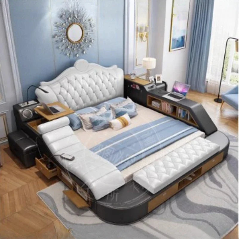 Modern grey and white double bed with button-tufted headboard, integrated shelves, desk, and storage drawers.