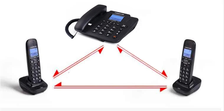 Cordless telephone system in black, featuring a base station and two handsets with blue-lit digital displays.