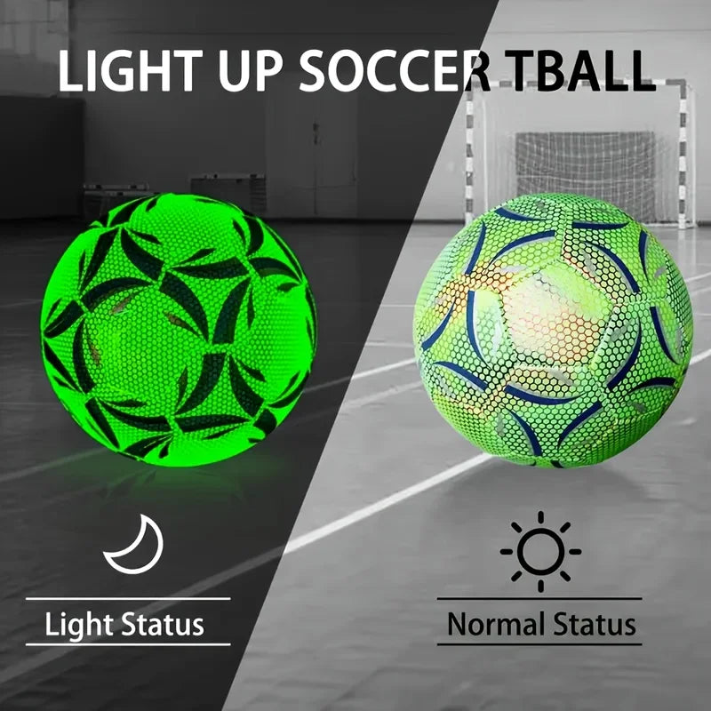 Green patterned soccer ball shown in light and dark conditions to demonstrate its glowing, reflective light-up feature.