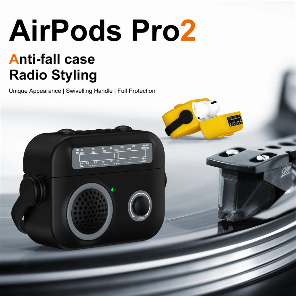 Black and yellow retro radio-style protective silicone cases for AirPods Pro 2.