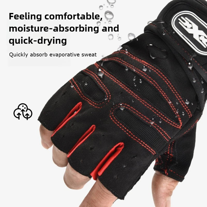 Black fingerless gym gloves with red stitching and moisture-wicking fabric, showing water droplets on the surface.