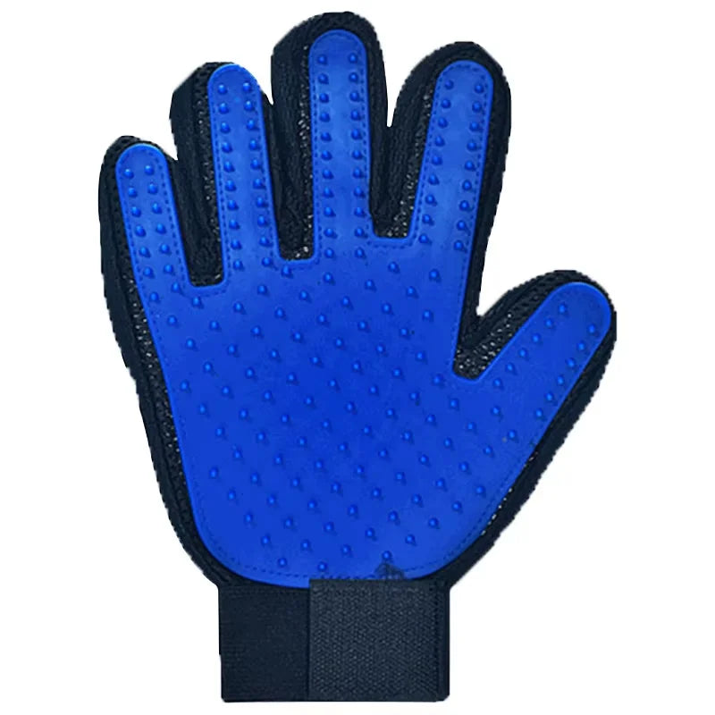 Blue pet grooming glove with black fabric and rubber massage nubs for removing loose hair.