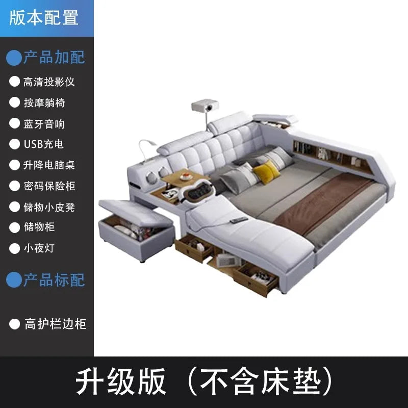 Modern white leather bed frame with integrated storage, shelving, laptop desk, and built-in multimedia features.