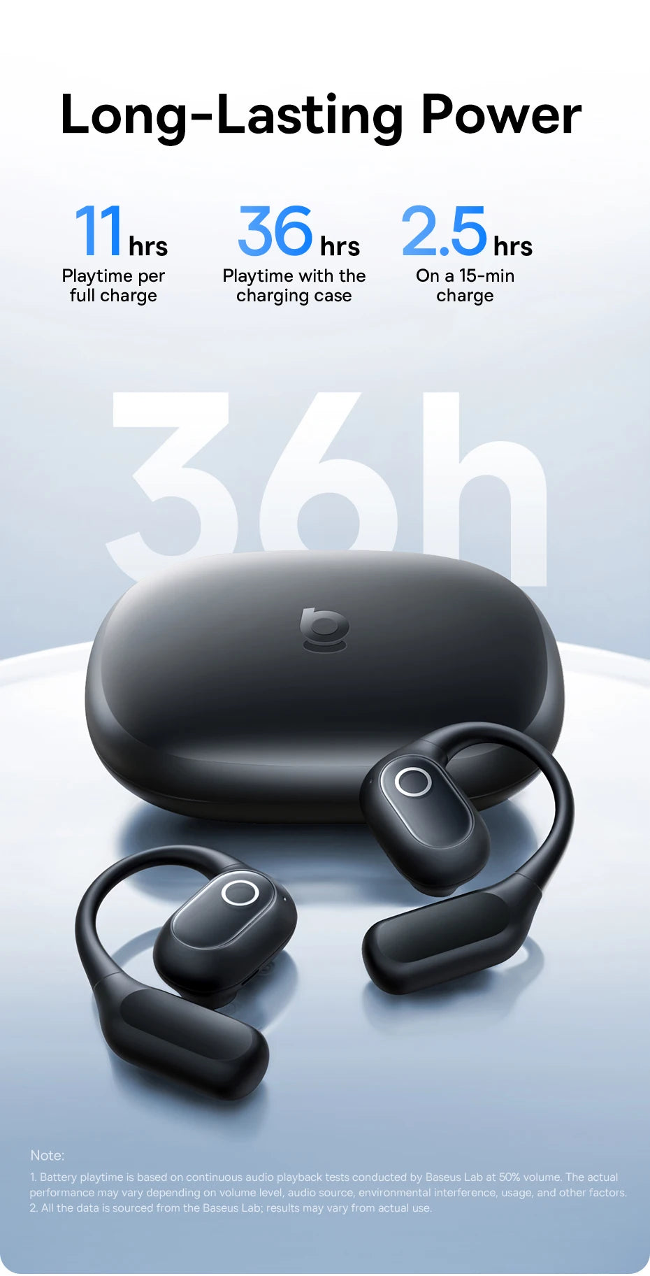 Matte black wireless earbuds with ear hooks and a matching rounded charging case, shown on a light blue background.