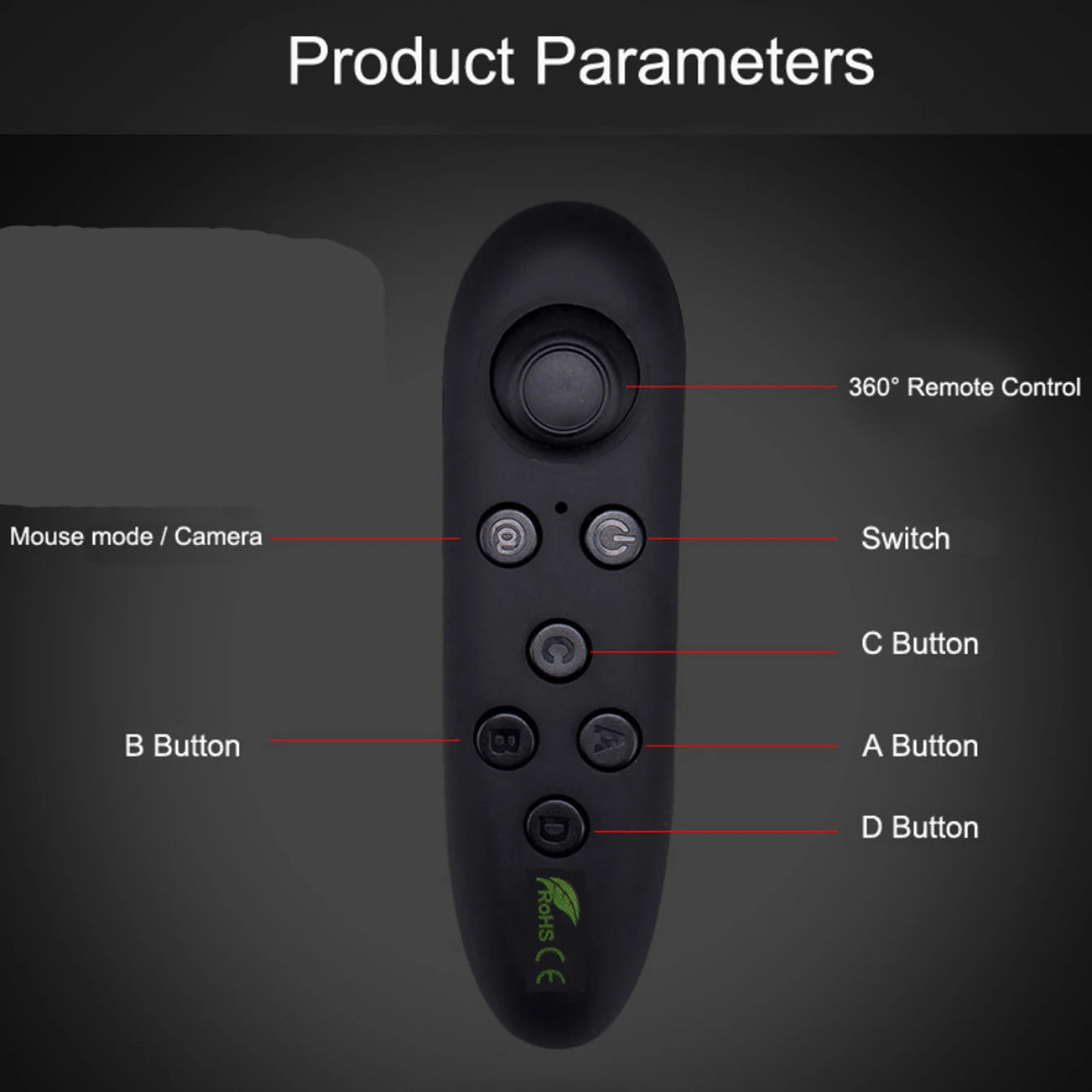 Black handheld Bluetooth remote controller with a joystick and A, B, C, and D buttons on a black background.