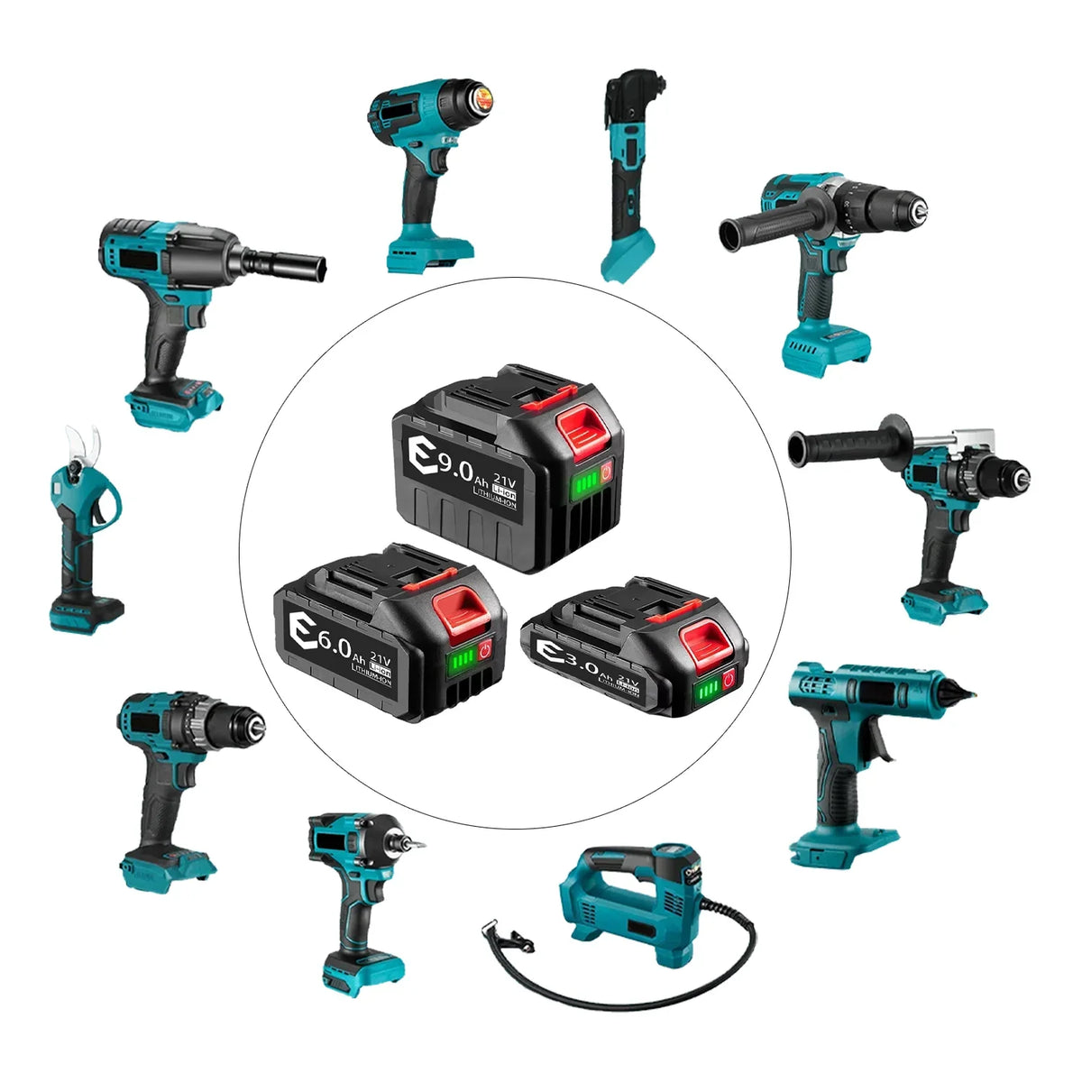 Three black 21V Li-ion battery packs with red release buttons and green capacity indicators, surrounded by power tools.