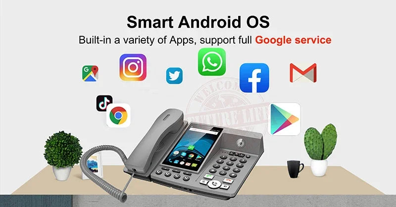 Grey desktop office phone with Android touchscreen, number keypad, and icons for popular social and productivity apps.