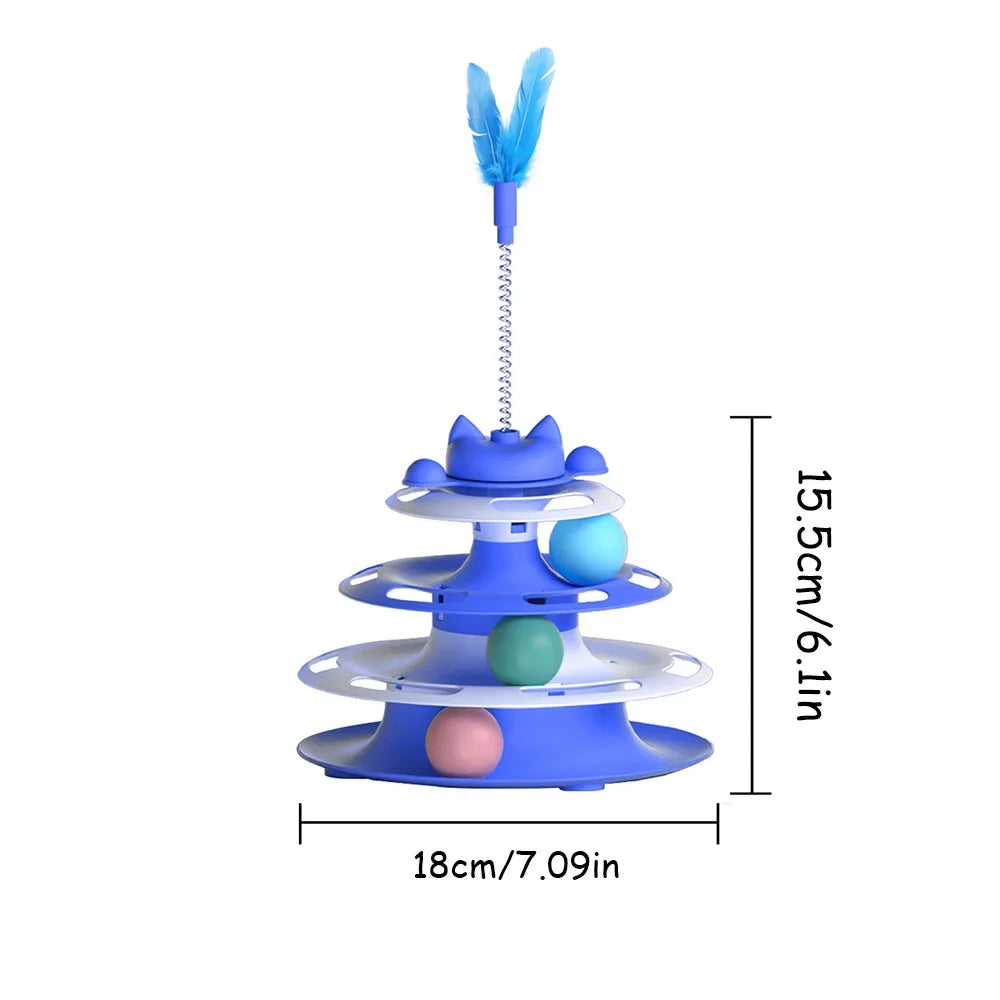 Blue, three-tier interactive cat toy with colourful rolling balls and a spring-mounted blue feather teaser on top.