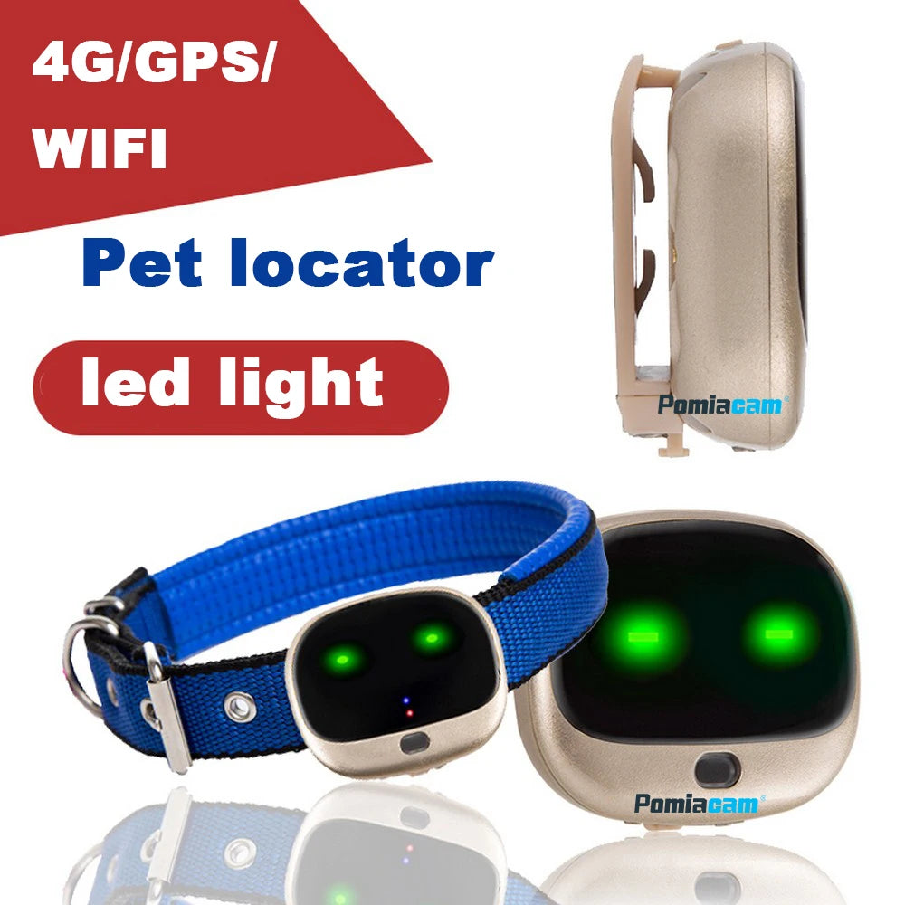 Gold mini GPS pet tracker with glowing green LED lights, attached to a blue collar.