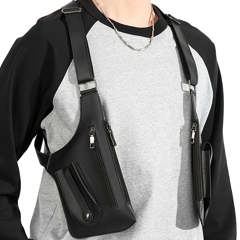 Black faux leather tactical utility chest bag with adjustable shoulder straps and multiple zip pockets.