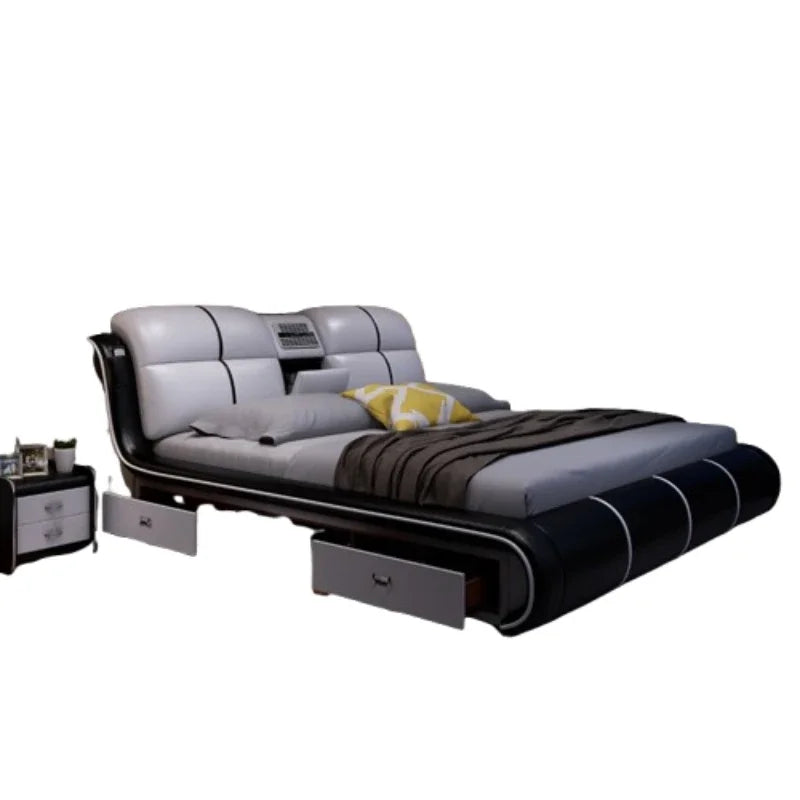 Modern cream and black leather bed frame with a curved headboard, integrated storage drawers, and a matching bedside.
