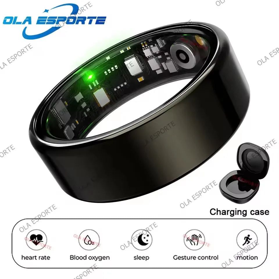 Sleek black smart health tracking ring with internal sensors, charging case, and icons for fitness and health monitoring.