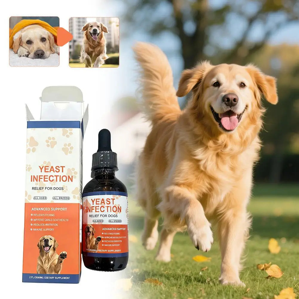 Bottle and box of dog yeast infection relief drops, with images of a golden retriever running in a park.