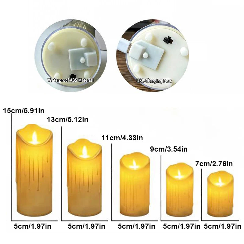 Set of five yellow rechargeable LED pillar candles of varying heights with dripping wax design and flickering flames.