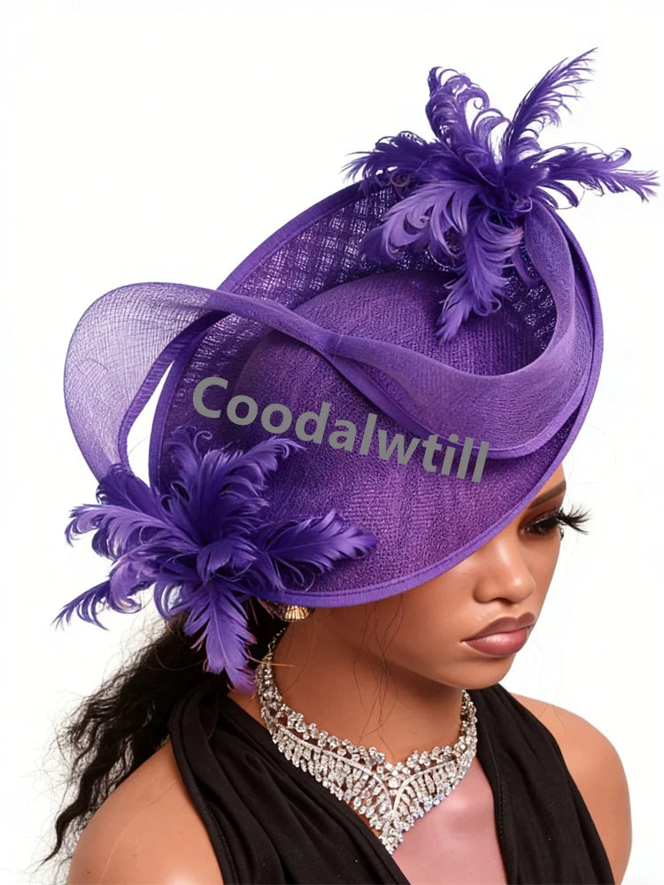 Elegant purple fascinator hat with structured mesh, decorative feathers, and a tilted, wide-brimmed design.
