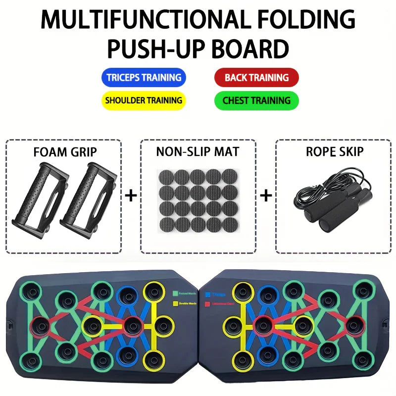 Black foldable push-up board with colour-coded workout slots, foam grips, non-slip mat, and a jump rope.