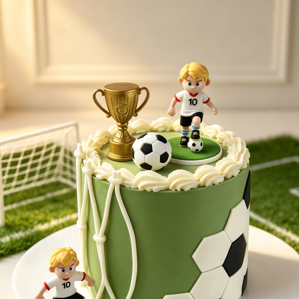 Green football-themed cake topper set with gold trophy, miniature player figures, and a classic black and white ball.