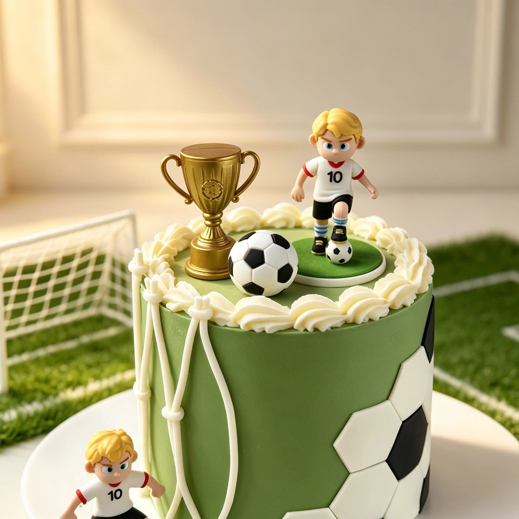 Green football-themed cake topper set with gold trophy, two boy player figures, and a miniature ball.