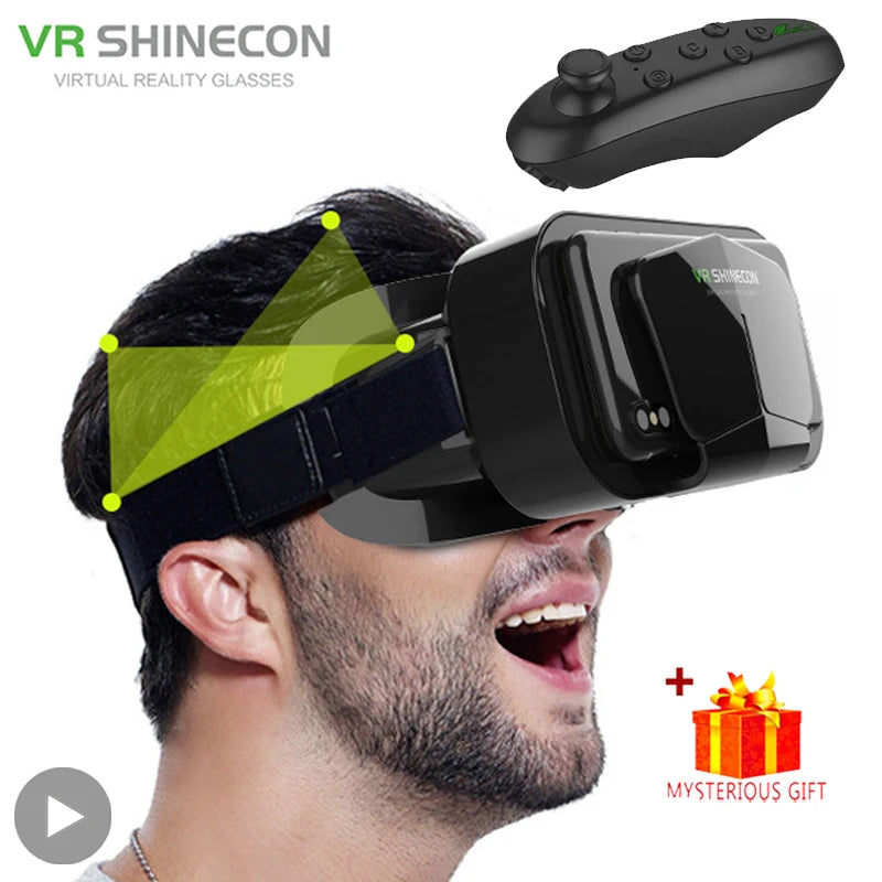 Black VR headset on a smiling man's head, with an included black controller and gift box.