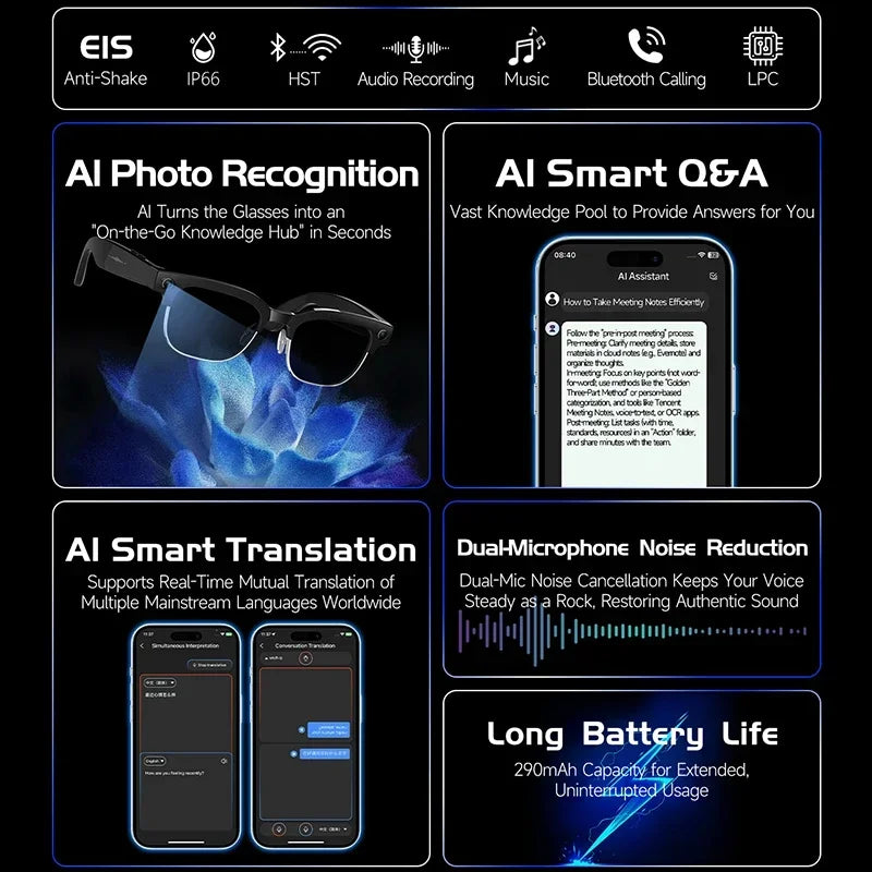 Black smart glasses with HD video, AI translation, Bluetooth calling, noise cancellation and long battery life.