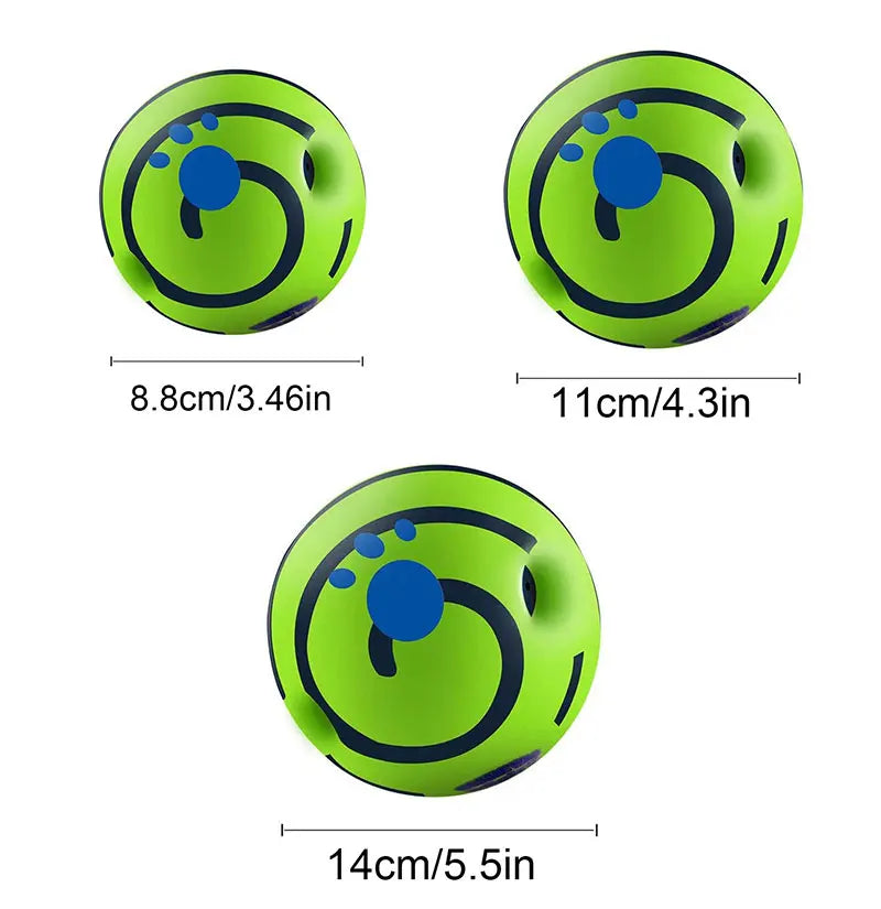 Three bright green interactive dog balls with blue paw prints and spiral details, shown in sizes 8.8cm, 11cm and 14cm.