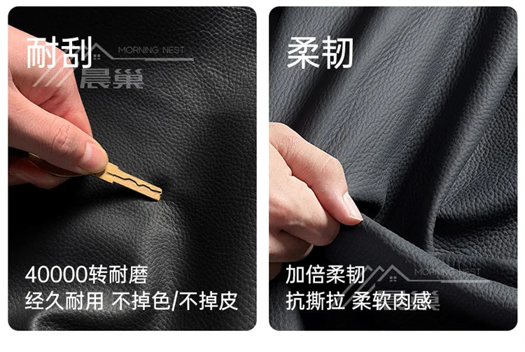 Close-up of durable, high-quality black leather upholstery being tested for scratch resistance and flexibility.