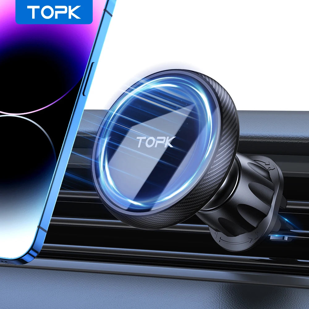 Black circular magnetic car phone mount with carbon fiber texture attached to a vehicle air vent.