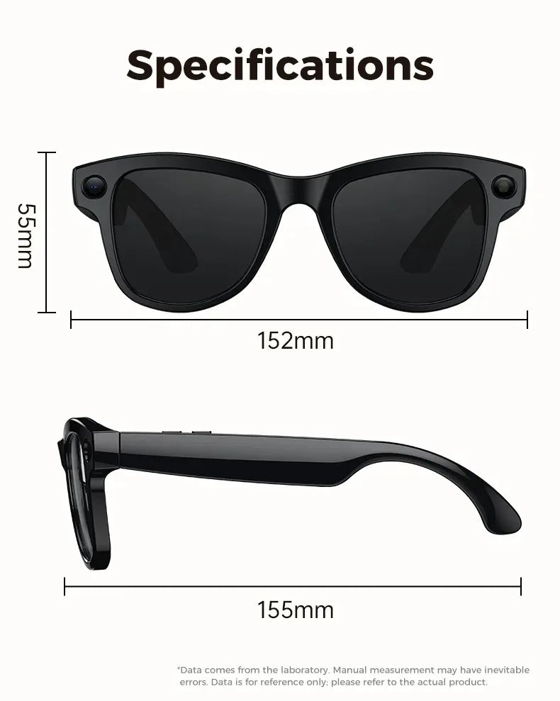 Glossy black smart glasses with integrated cameras, shown from front and side profiles with dimension measurements.