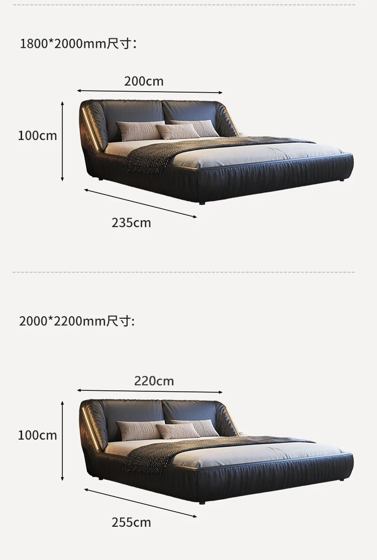 Modern black upholstered king-size bed with a curved, padded headboard and low-profile frame. Dimensions included.