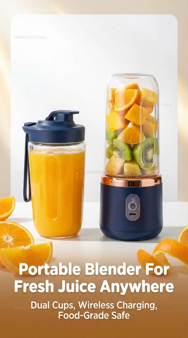 Portable blender set with two glass cups, dark blue base with rose gold trim, and fresh fruit for blending.
