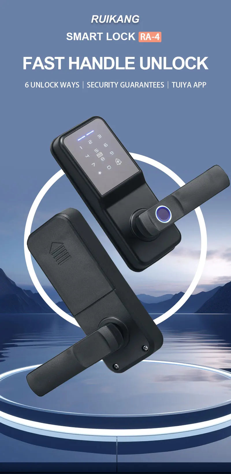 Black smart metal door lock with a digital keypad, fingerprint scanner on the handle, and internal battery housing.