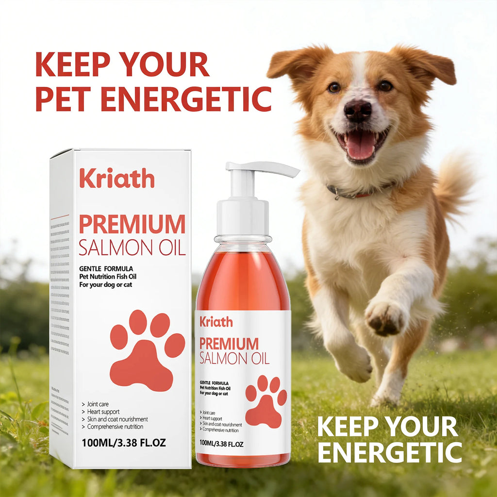 Bottle of orange salmon oil supplement for dogs and cats with a pump dispenser, featuring a matching white box.