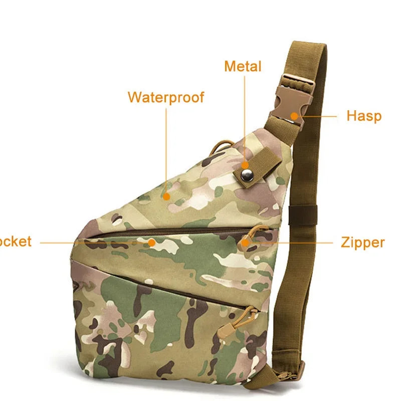 Compact camouflage crossbody sling bag with waterproof fabric, adjustable strap, metal snap, and zippered pockets.