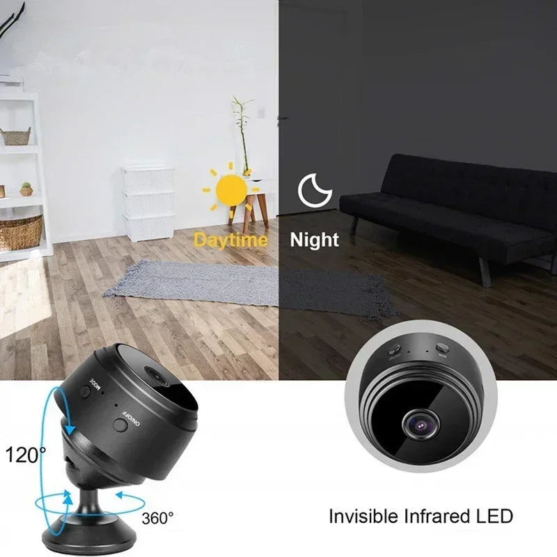 Black plastic security camera with 360-degree rotating base, night vision, and day/night mode capability.