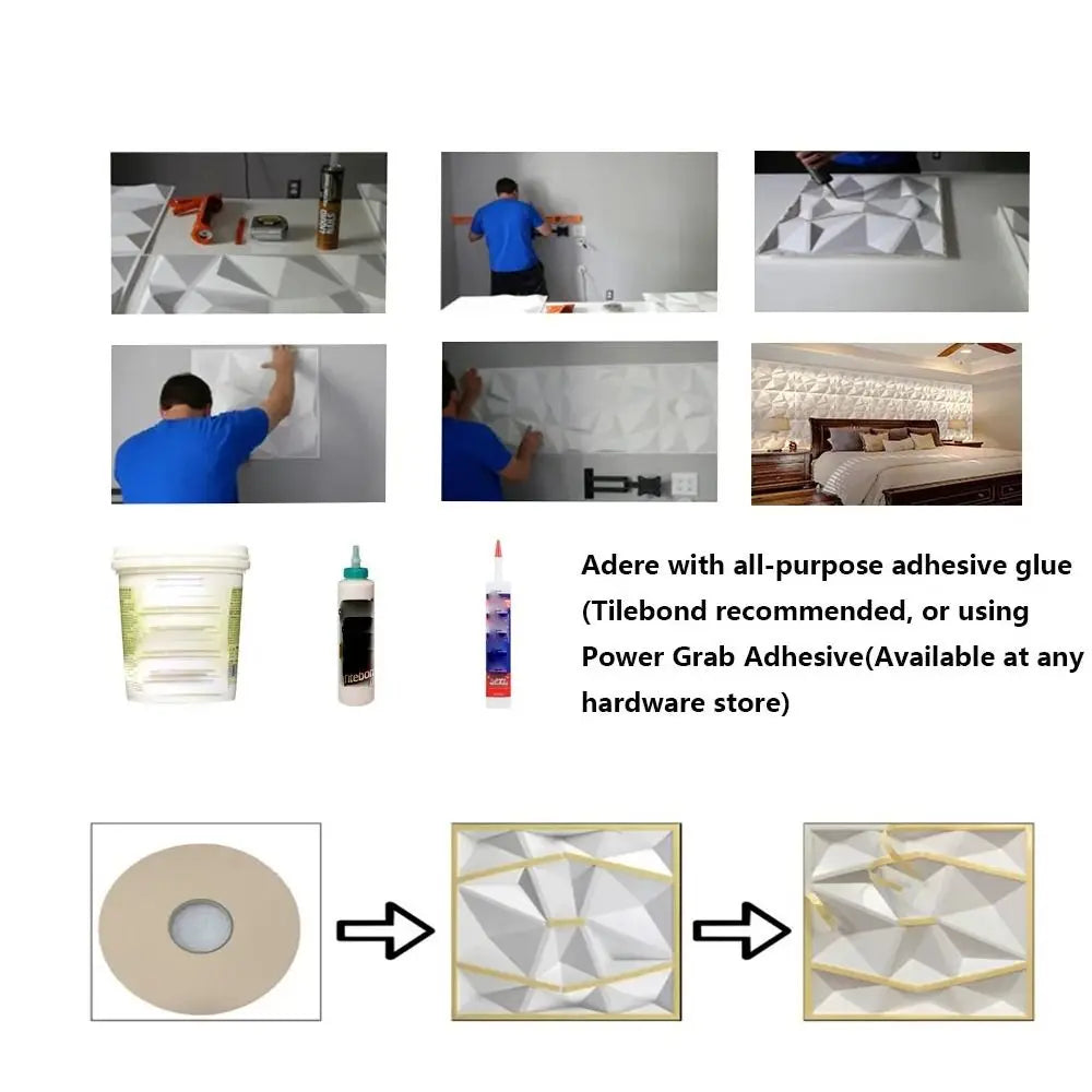 Installation guide for white 3D geometric diamond-pattern waterproof wall tiles, showing tools, glue, and application.
